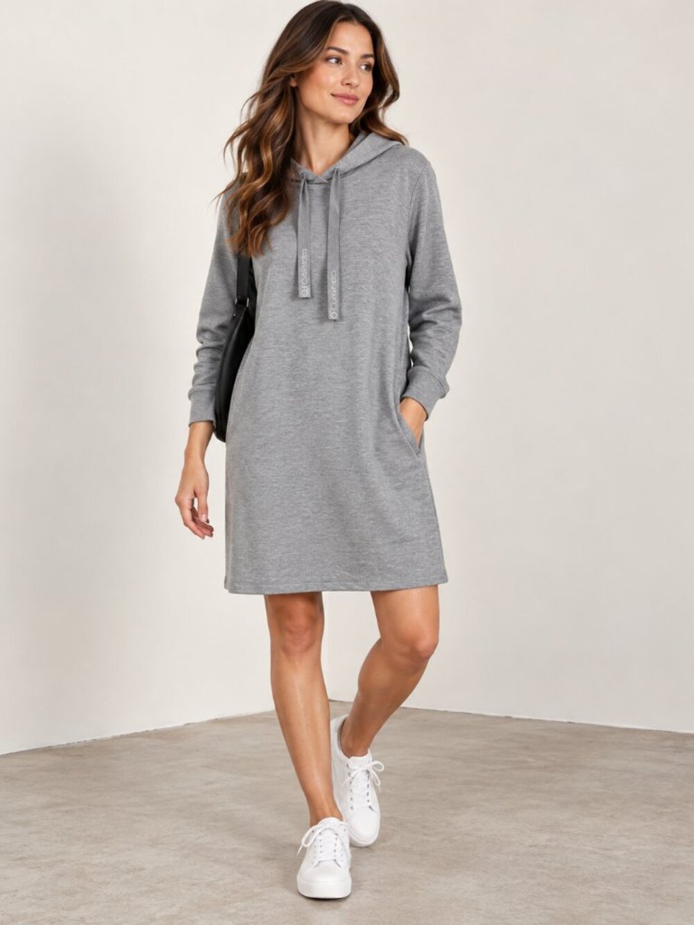 Calvin Klein Women’s M Gray Hooded Long Sleeve Sweater Dress Logo Drawstring
